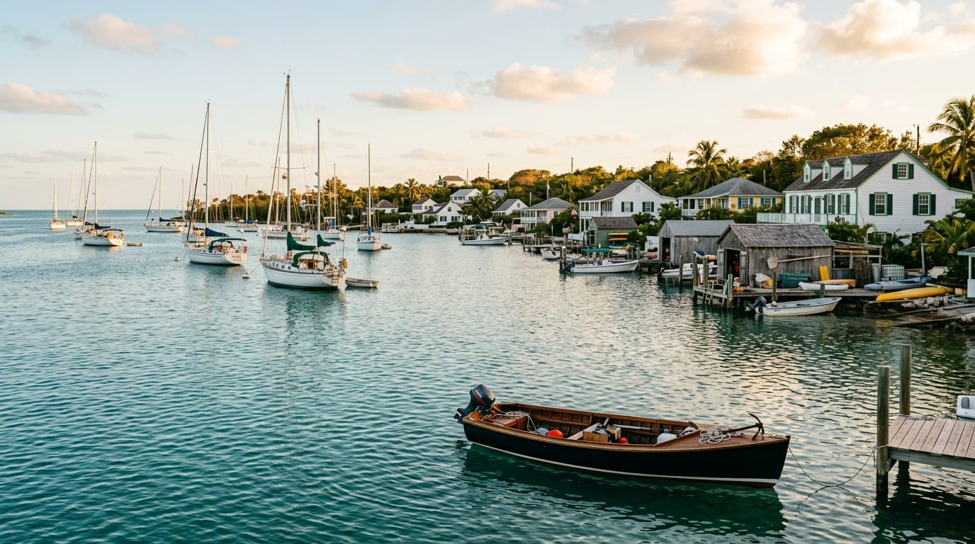 Calm anchorage at Man-O-War Harbour with sailboats at anchor and traditional white cottages lining the shore of this boatbuilding village