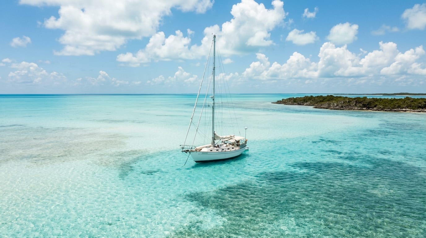 Single sailing yacht anchored off a small mangrove-covered cay on the shallow turquoise waters of the Little Bahama Bank