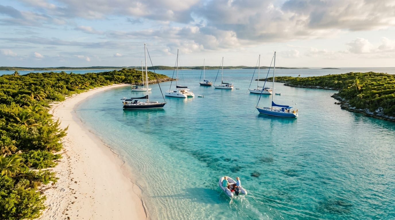 Cruising sailboats anchored in the protected bight between Manjack Cay and Crab Cay with clear turquoise water and lush green cays