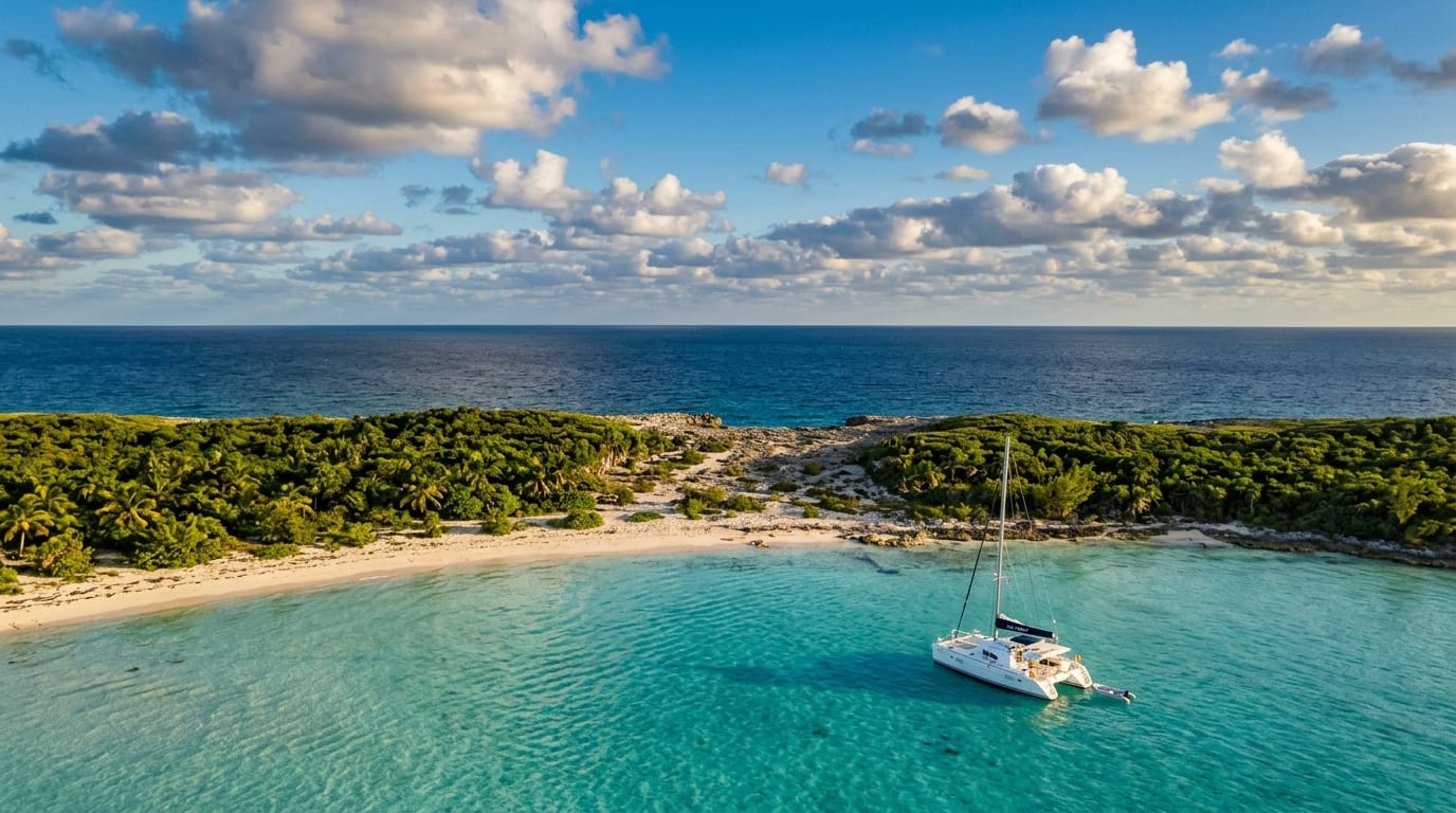 Long narrow Market Fish Cay with a sailing yacht anchored in protected turquoise waters on the bank side, vegetation covering most of the cay with a visible gap in the center