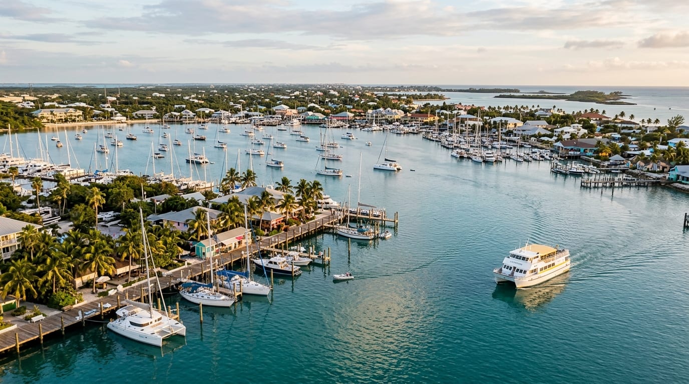 Marsh Harbour basin with cruising boats at anchor and marina facilities visible along the developed shoreline
