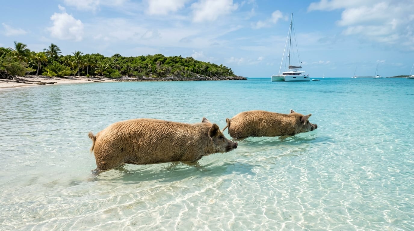 Swimming pigs wading in shallow turquoise water near a sandy beach at Meeks Patch with a sailboat anchored in the background