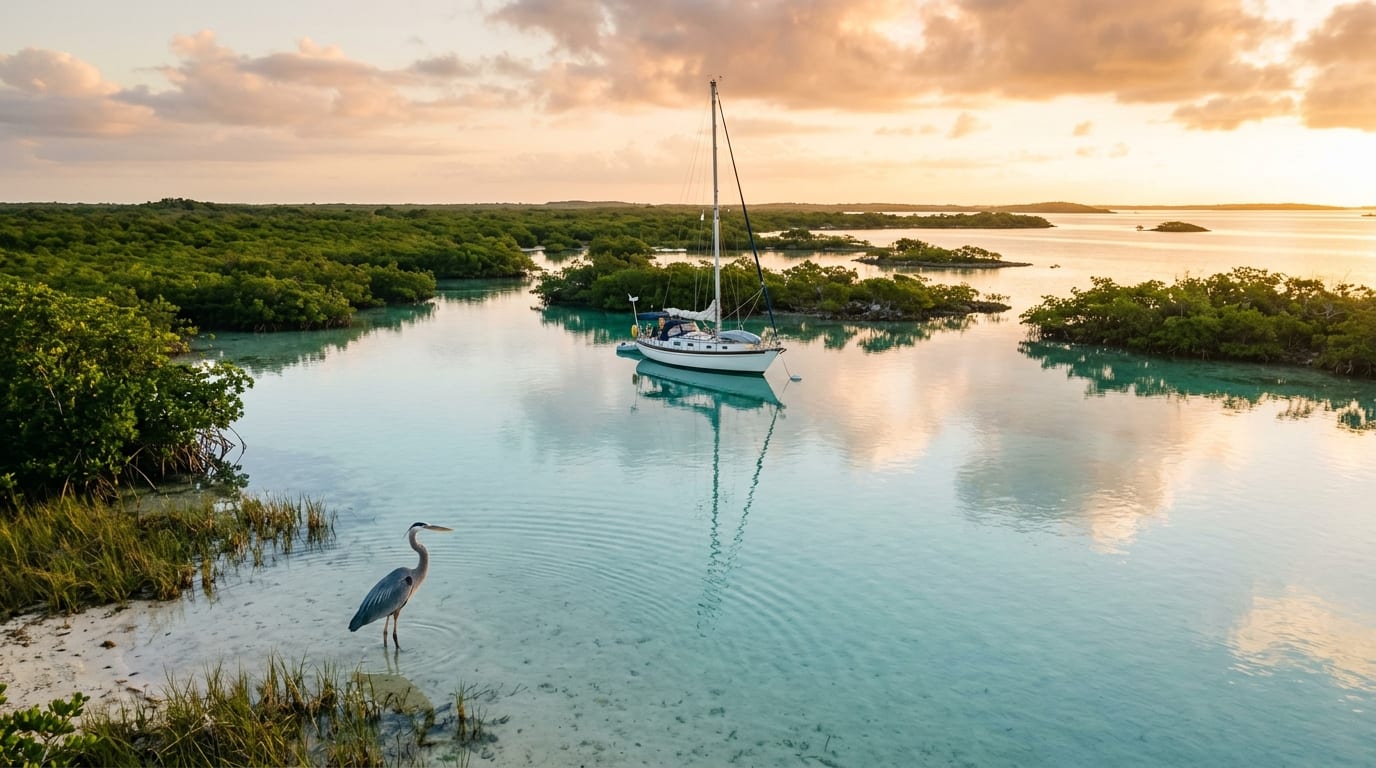 Shallow turquoise channel of Middle Bight winding between mangrove cays under soft morning light
