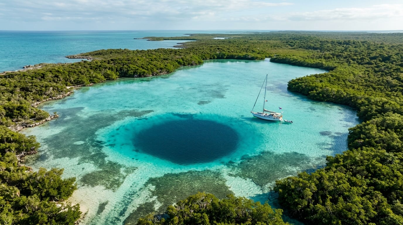 Shallow turquoise waters of Miller Bay with mangrove-lined shores and dark blue hole visible beneath clear water in the South Bight of Andros