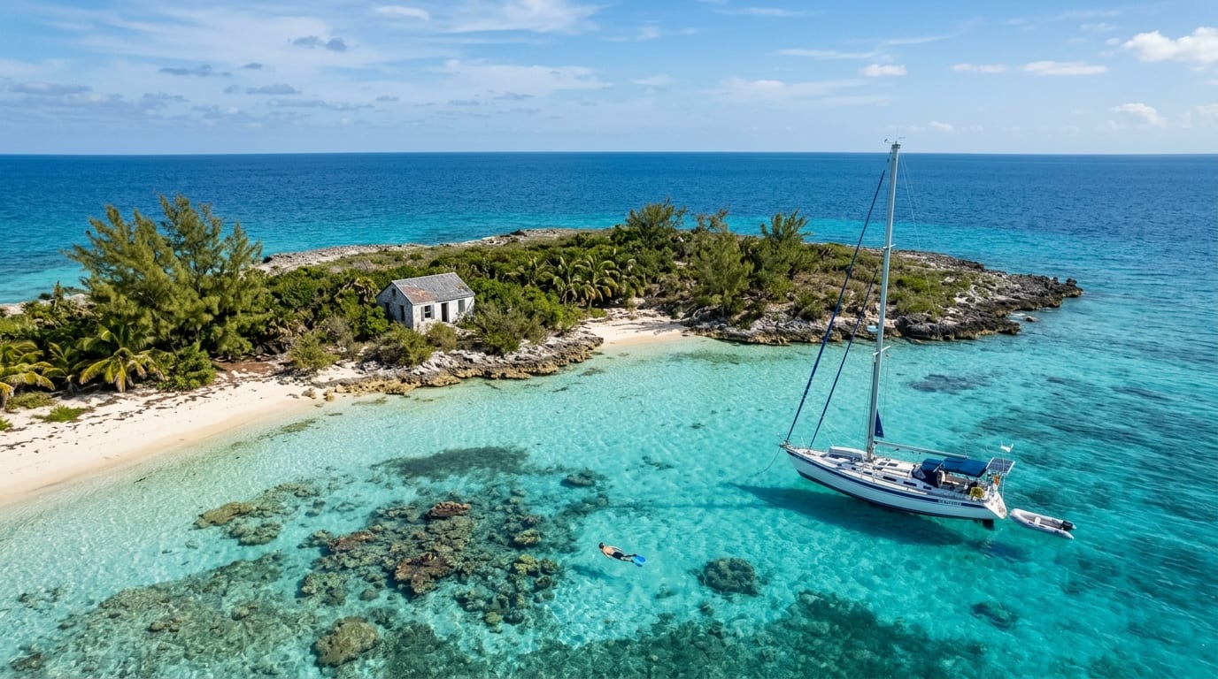 Small remote Moraine Cay sitting atop a reef in the Northern Abacos with turquoise water and excellent visibility revealing underwater formations