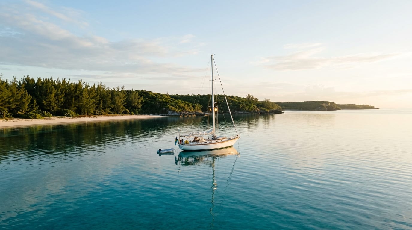 Calm turquoise waters of Morgan's Bluff anchorage with the forested bluff of North Andros rising in the background