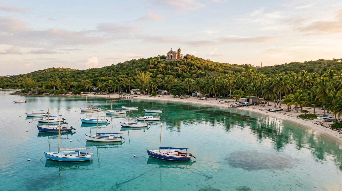 Calm turquoise waters of New Bight anchorage with Mount Alvernia rising in the background and traditional Bahamian boats at rest