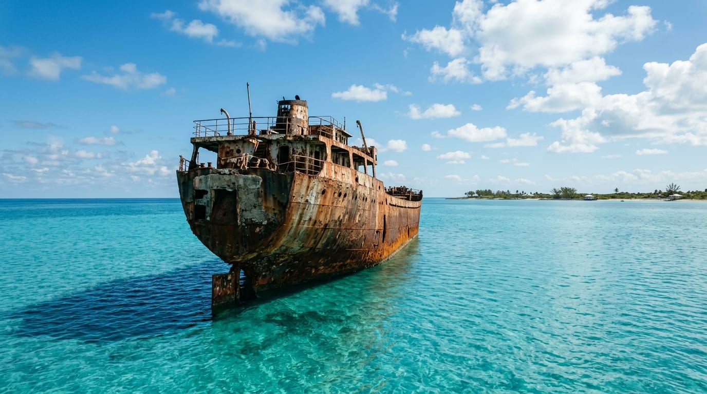 The rusting hulk of the SS Sapona shipwreck breaking the surface of calm turquoise waters off South Bimini