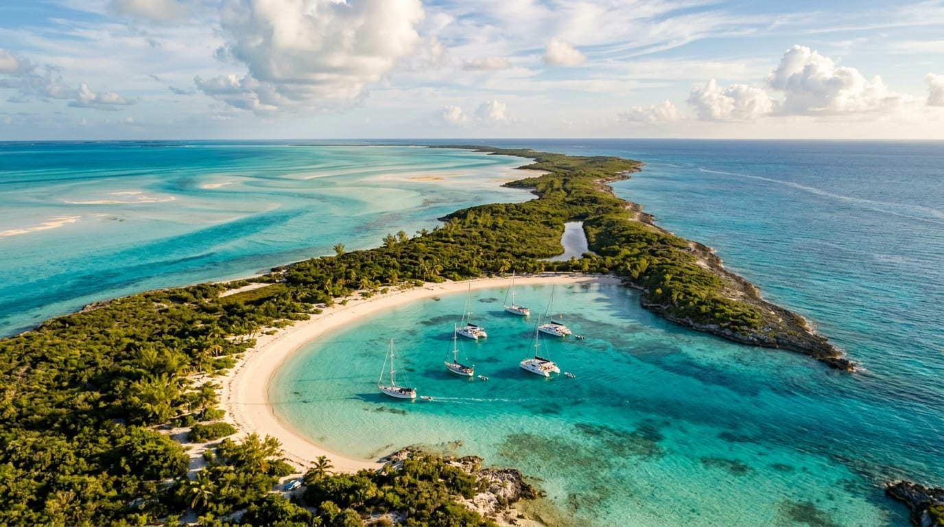 Aerial view of turquoise waters at Norman's Cay anchorage with sailing yachts and the lagoon entrance visible in the northern Exumas