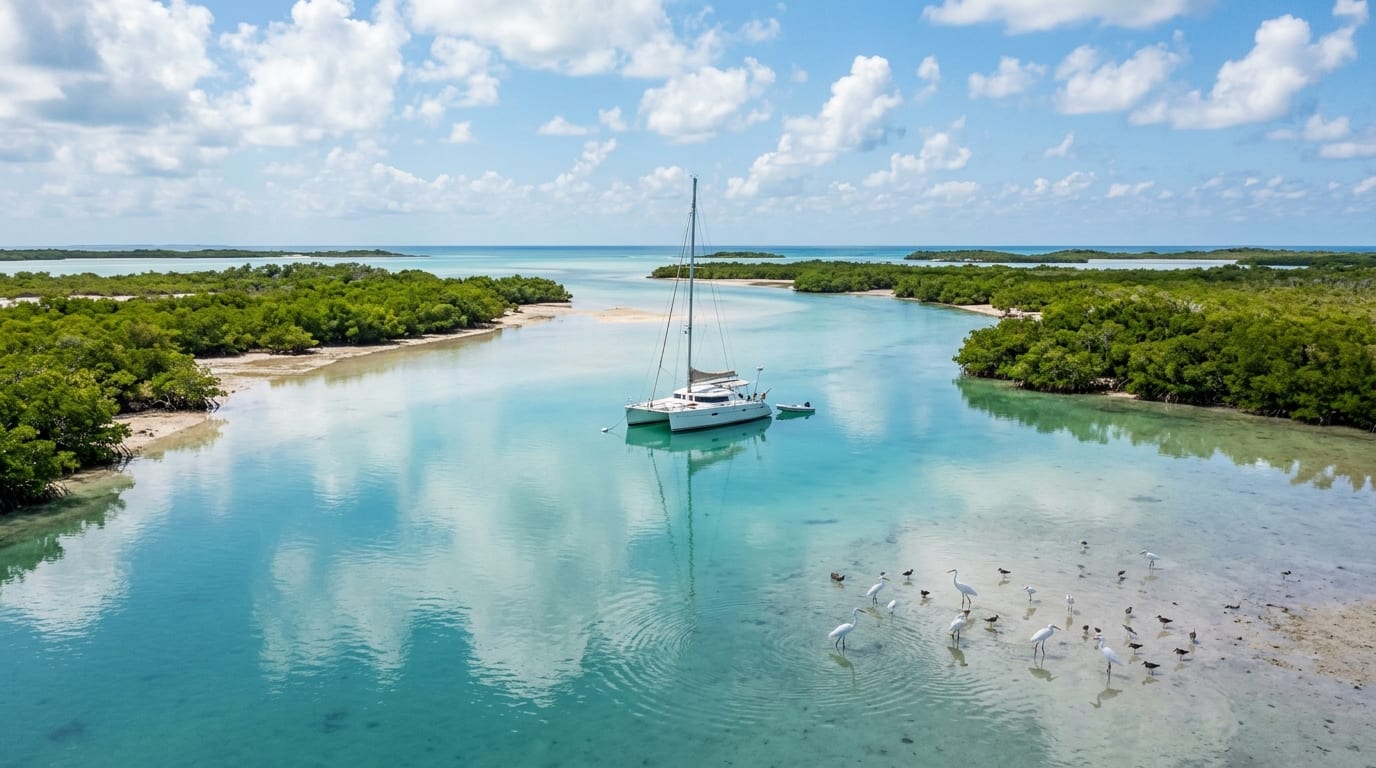 Shallow turquoise waters of North Bight winding through low mangrove cays under a clear blue sky