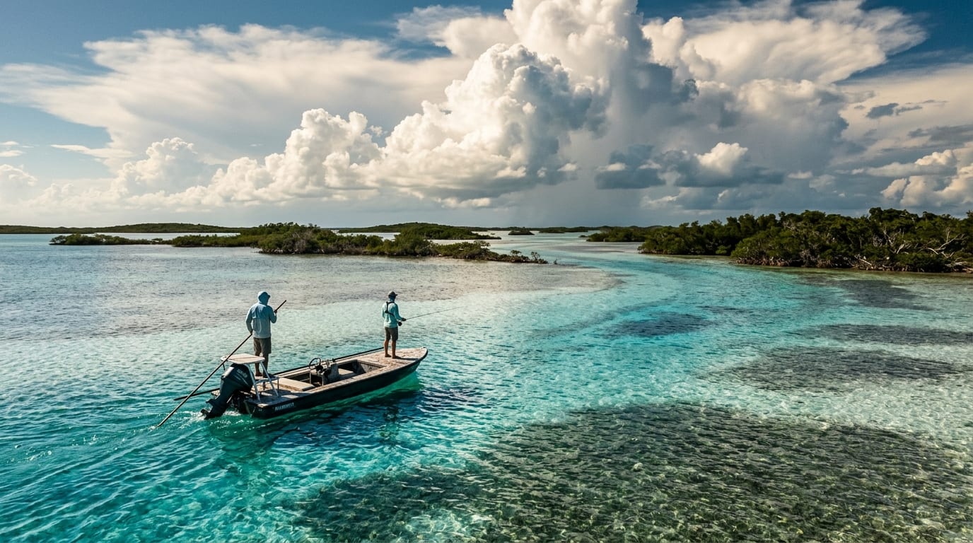 Shallow turquoise waters of the North Bight passage with distant mangrove islands and a flats skiff visible