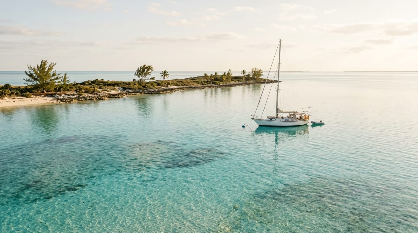A cruising sailboat anchored in calm turquoise water on the banks side of North Bimini with the low cay visible in the background