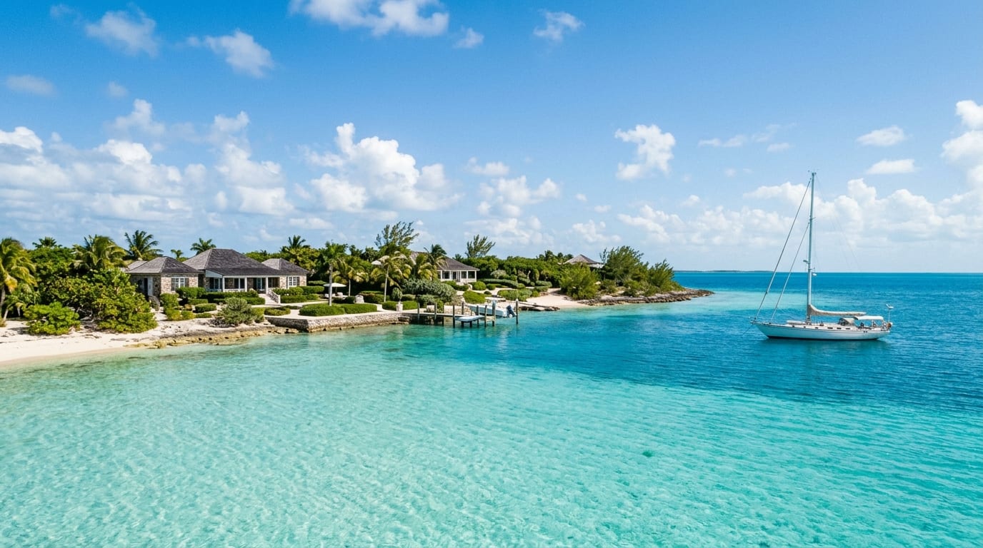 Clear turquoise water and low vegetation of North Cat Cay seen from the Great Bahama Bank side with a sailboat anchored offshore