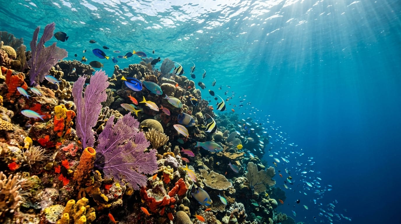 Snorkeller swimming over colorful coral formations at the Sea Aquarium near O'Briens Cay in the Exumas