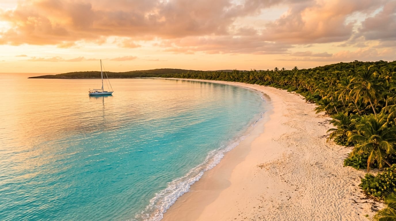 Five-mile white sand beach at Old Bight with turquoise water and a sailing yacht anchored in the bay