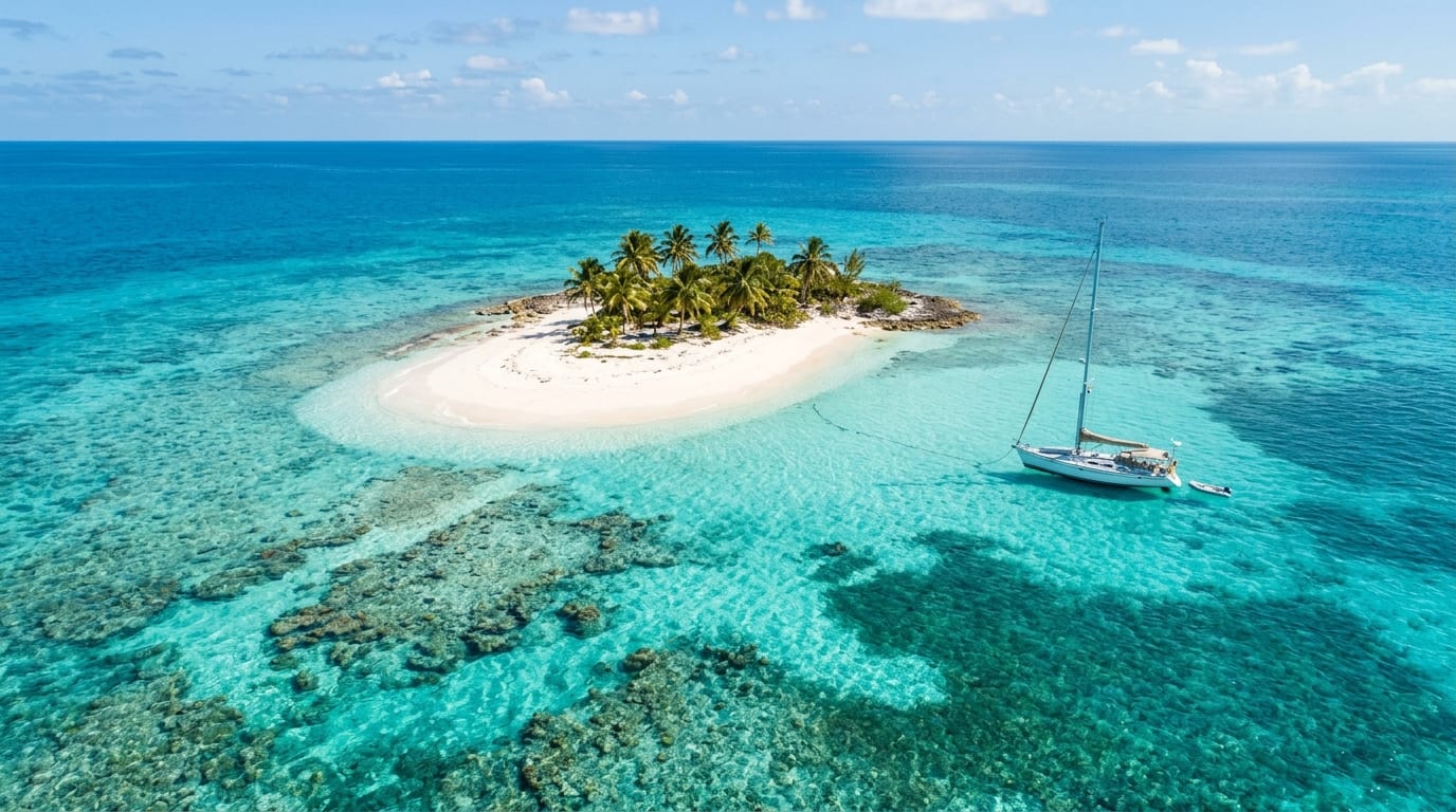 Small palm-covered Peterson Cay surrounded by crystal clear turquoise water and shallow coral reefs with a yacht anchored nearby