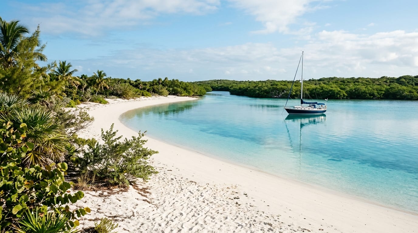 Powder-white beach at Pigeon Cay with turquoise water and mangrove-lined creek in the background