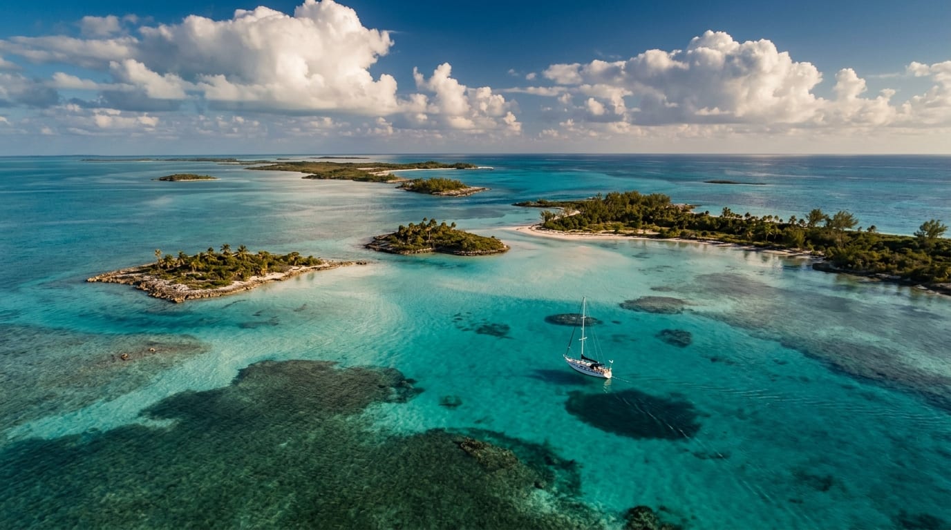 Crystal-clear turquoise waters of Pipe Creek with scattered cays and white sand banks in the central Exumas