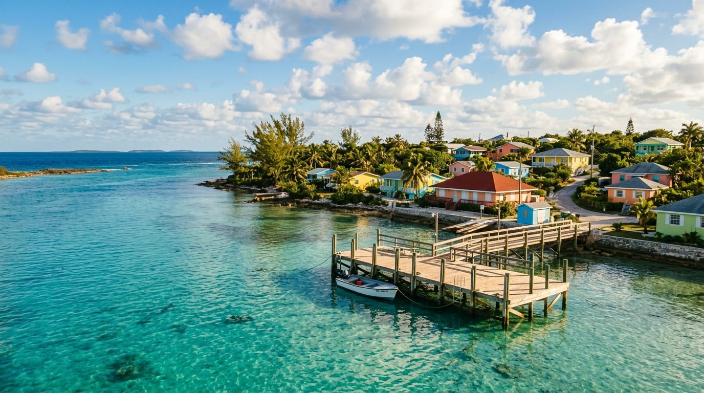Small Bahamian settlement at Pirate's Well on Mayaguana's coast with government dock, turquoise water, and views across the Mayaguana Passage
