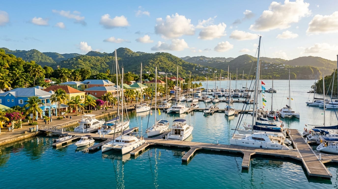 Port Lucaya Marina with yachts at dock, the colorful Port Lucaya Marketplace buildings visible along the waterfront