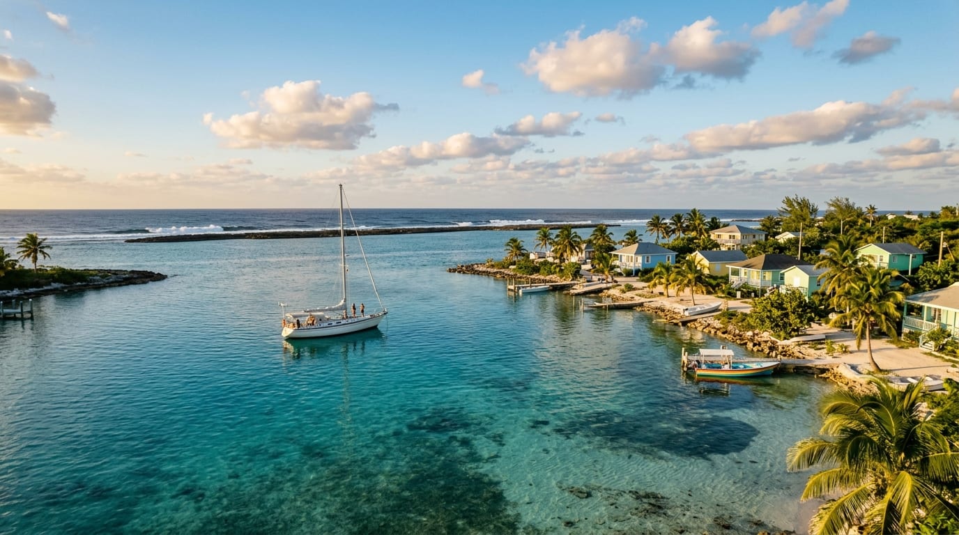 The harbour at Port Nelson, Rum Cay with turquoise water, small settlement buildings, and protective reef visible offshore