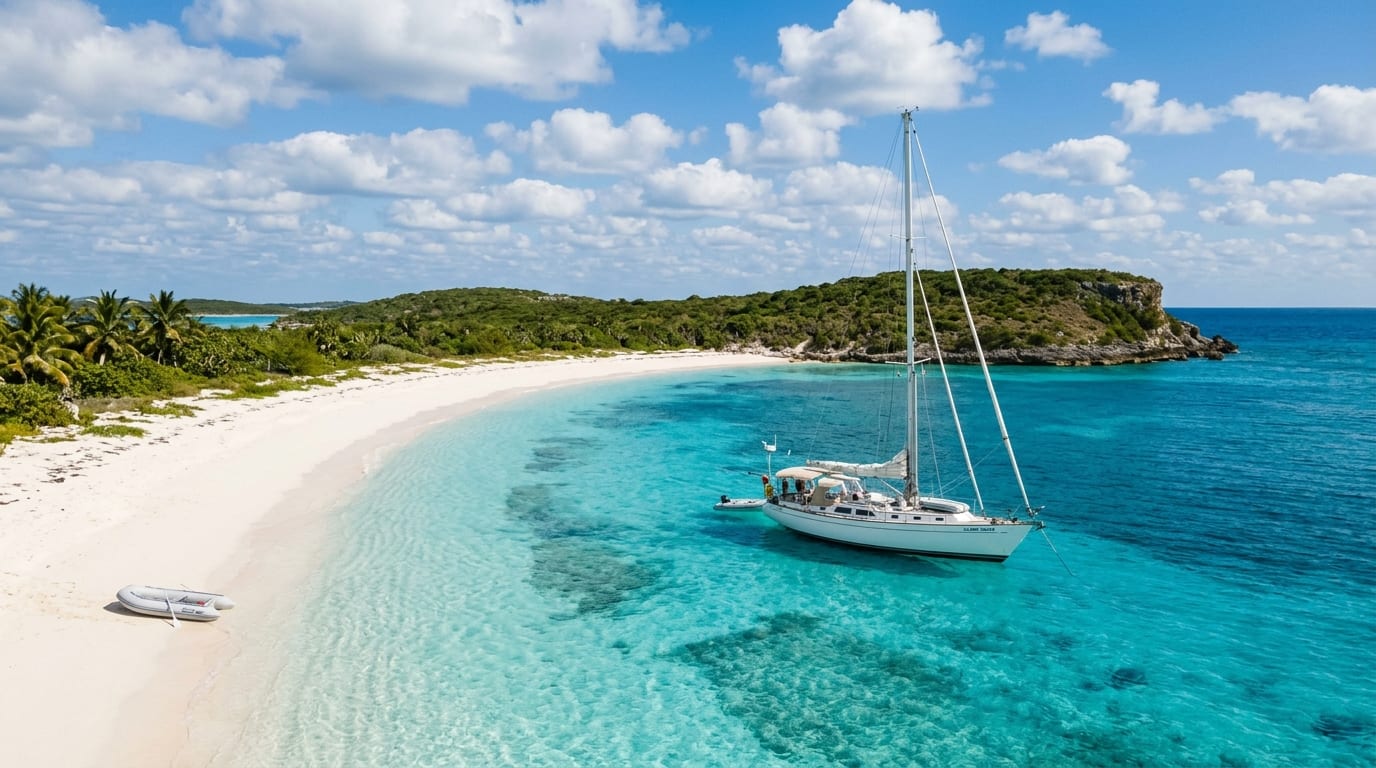 Cruising sailboat at anchor off the western shore of uninhabited Powell Cay with white sand beach and low green vegetation under blue tropical sky