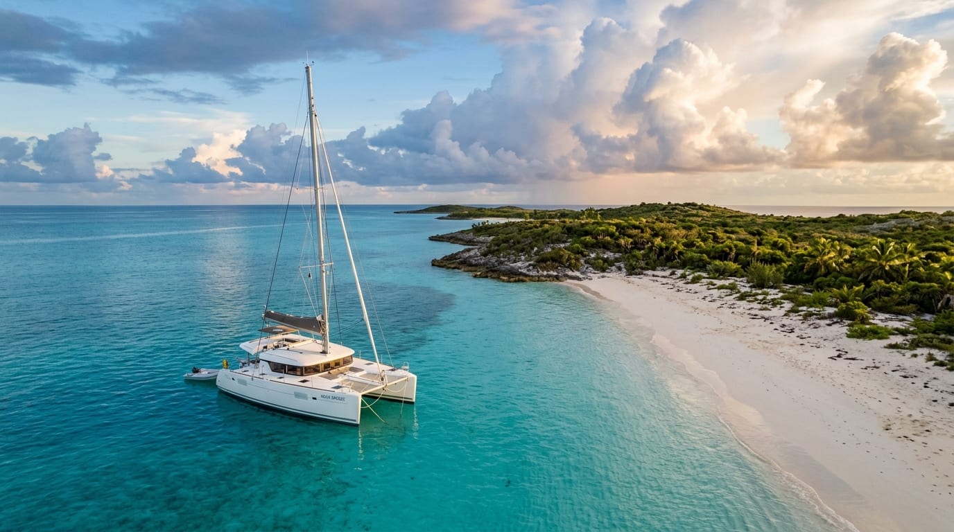 Catamaran anchored in turquoise bay off Raccoon Cay with white sand beach and low vegetation visible on the remote Bahamas cay