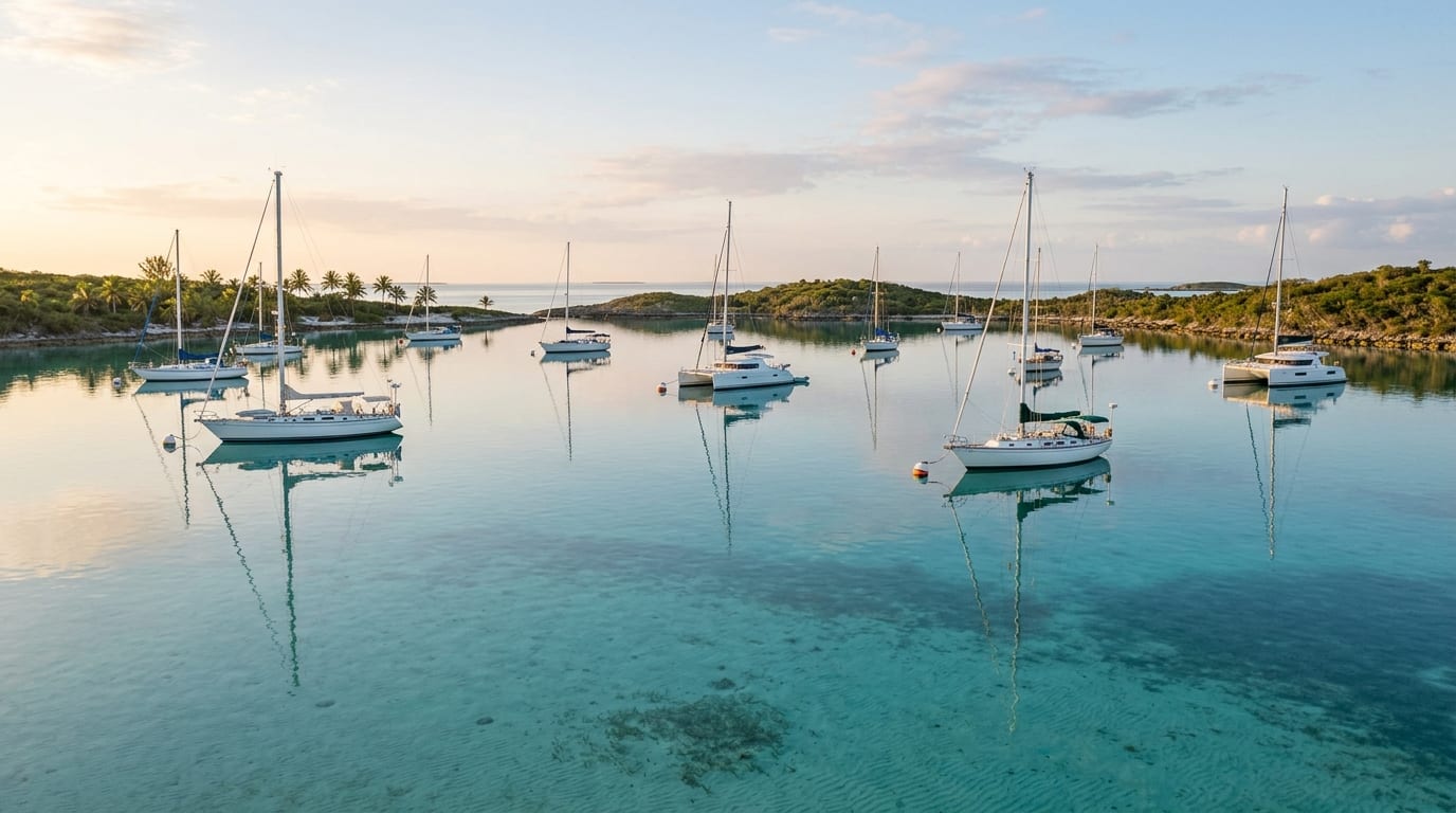 Calm mooring field at Red Shanks in Elizabeth Harbour with sailing yachts and Georgetown visible in the distance