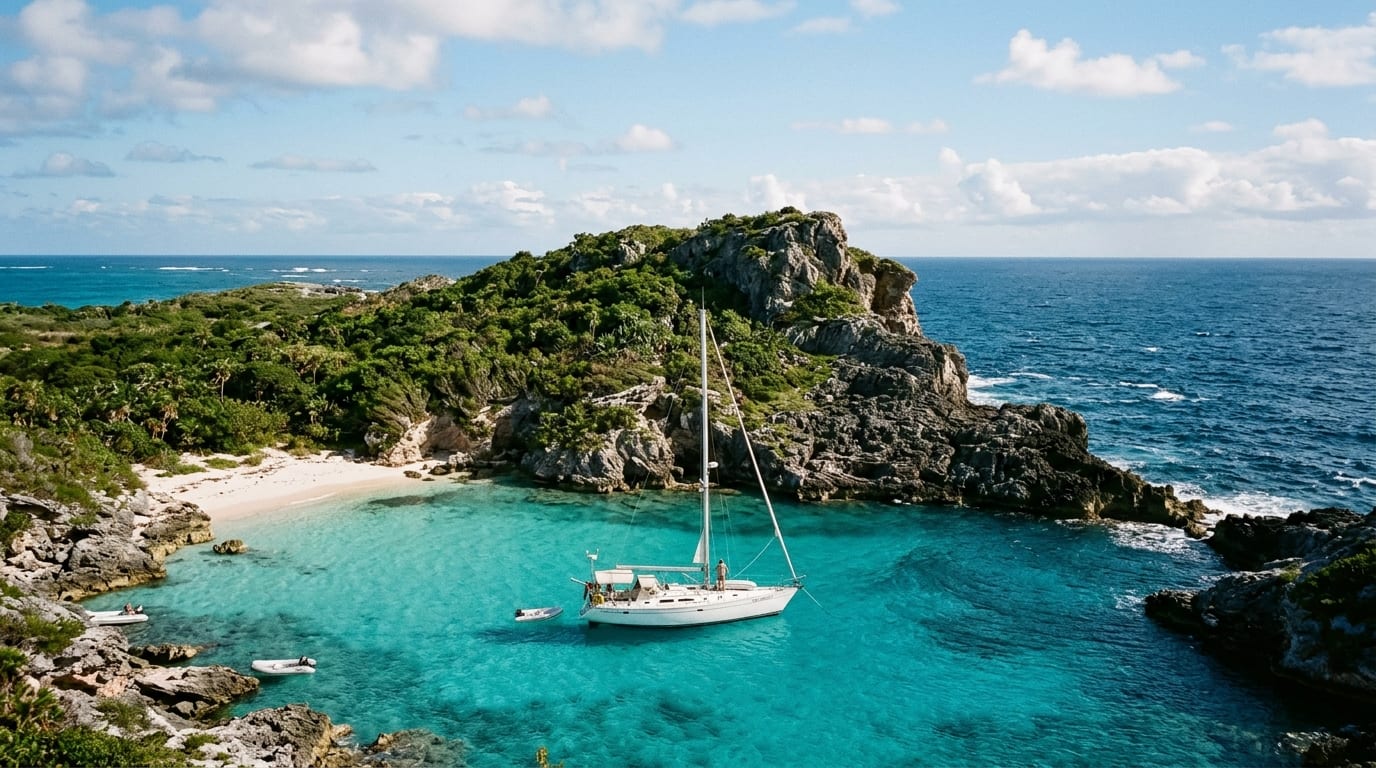 Rocky headland meeting turquoise water with a sailboat anchored in calm protected lee of the point