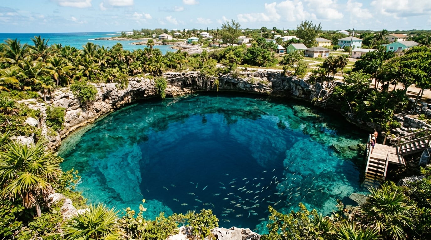 Deep blue circular sinkhole at edge of Bahamian settlement with clear water revealing fish swimming below the surface