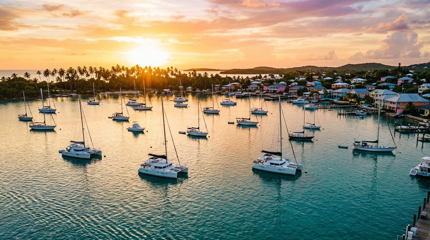 Wide view of Rock Sound harbour with multiple sailing yachts at anchor and the settlement visible along the shoreline