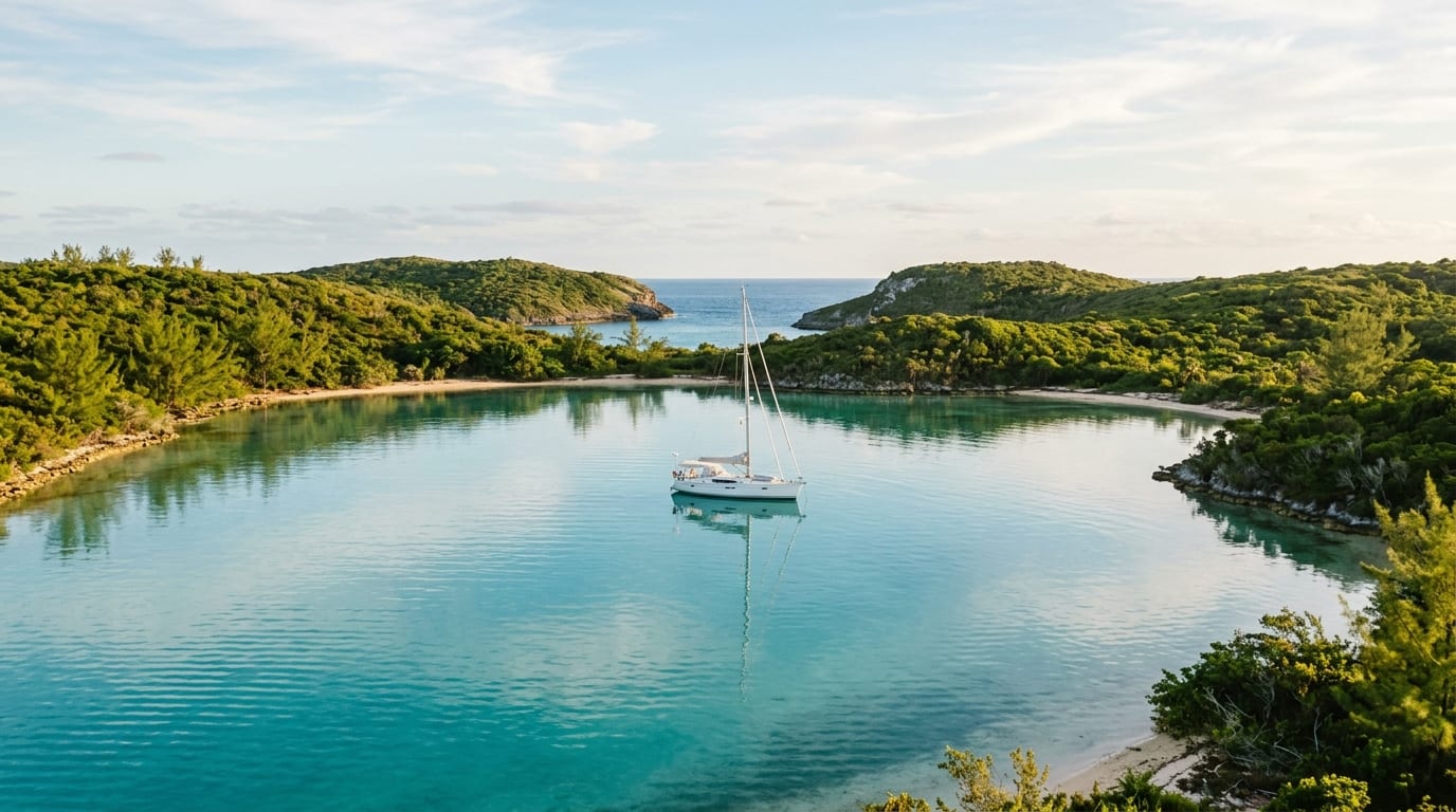 Calm turquoise waters of Royal Island Harbour with a sailing yacht at anchor surrounded by green hillsides under partly cloudy skies