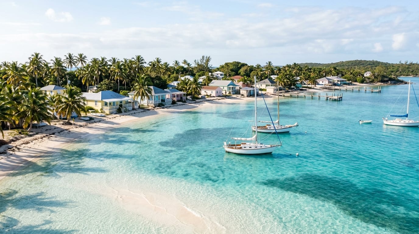 Shallow turquoise waters of Salt Pond anchorage with a few sailboats at anchor and the village of Salt Pond visible along the shore