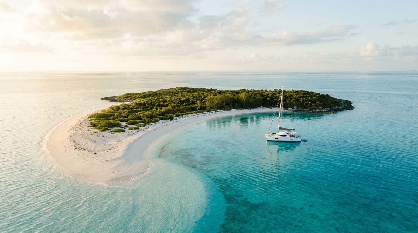 Deserted white sand beach on Sandy Cay with crystal clear turquoise shallows and a single anchored sailboat offshore
