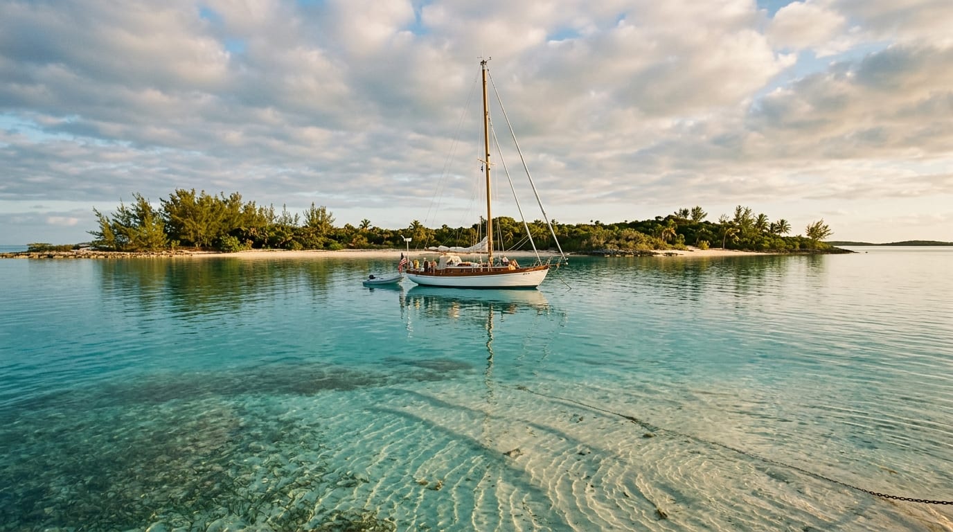 Cruising sailboat anchored in the calm turquoise waters of Savannah Sound with Windermere Island visible in the background and shallow bonefishing flats in the foreground