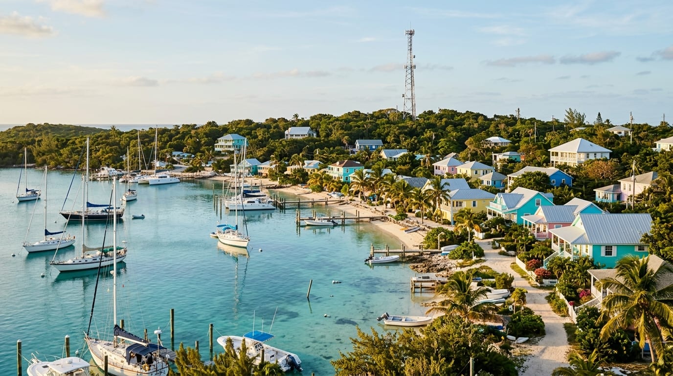 Settlement Harbour on Great Guana Cay with boats at anchor and mooring, the communication tower visible, and the settlement's colorful cottages lining the shore