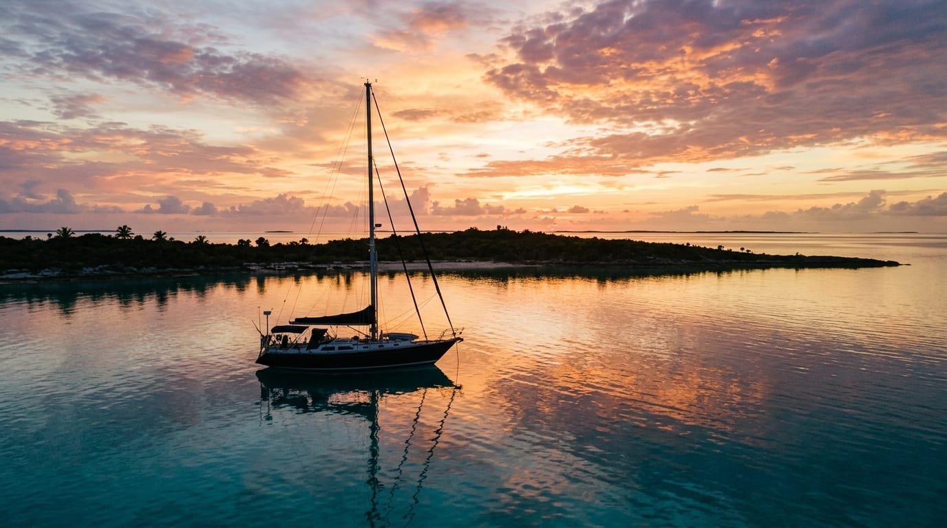 Sailing yacht anchored in clear turquoise water off Ship Channel Cay at sunset in the northern Exumas with colorful sky