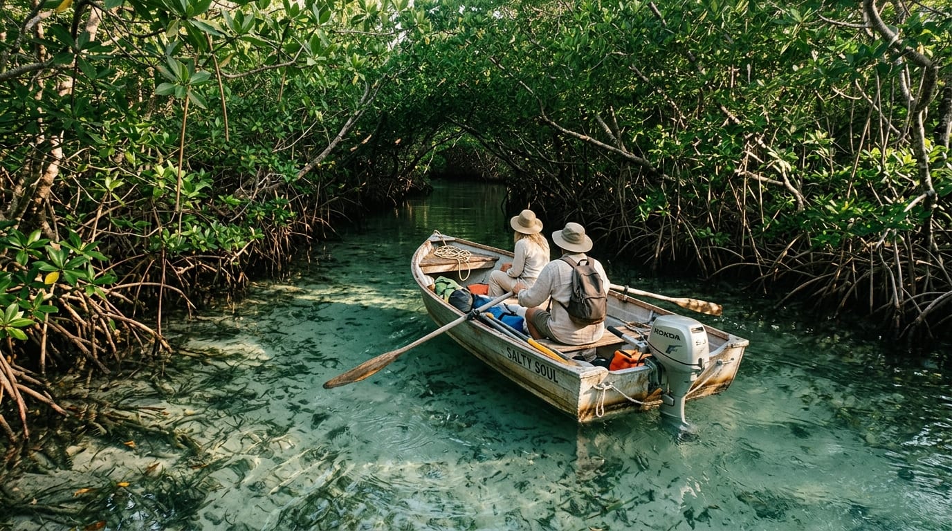 Dinghy entering a mangrove creek channel at Shroud Cay with shafts of light filtering through the green canopy