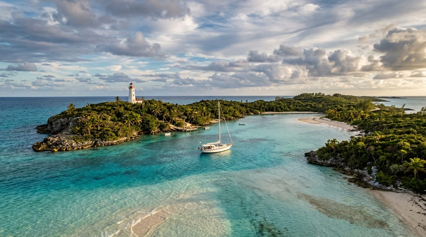Slaughter Harbour anchorage between the Stirrup Cays showing turquoise waters protected by shallow sand banks with the historic lighthouse visible on Great Stirrup Cay