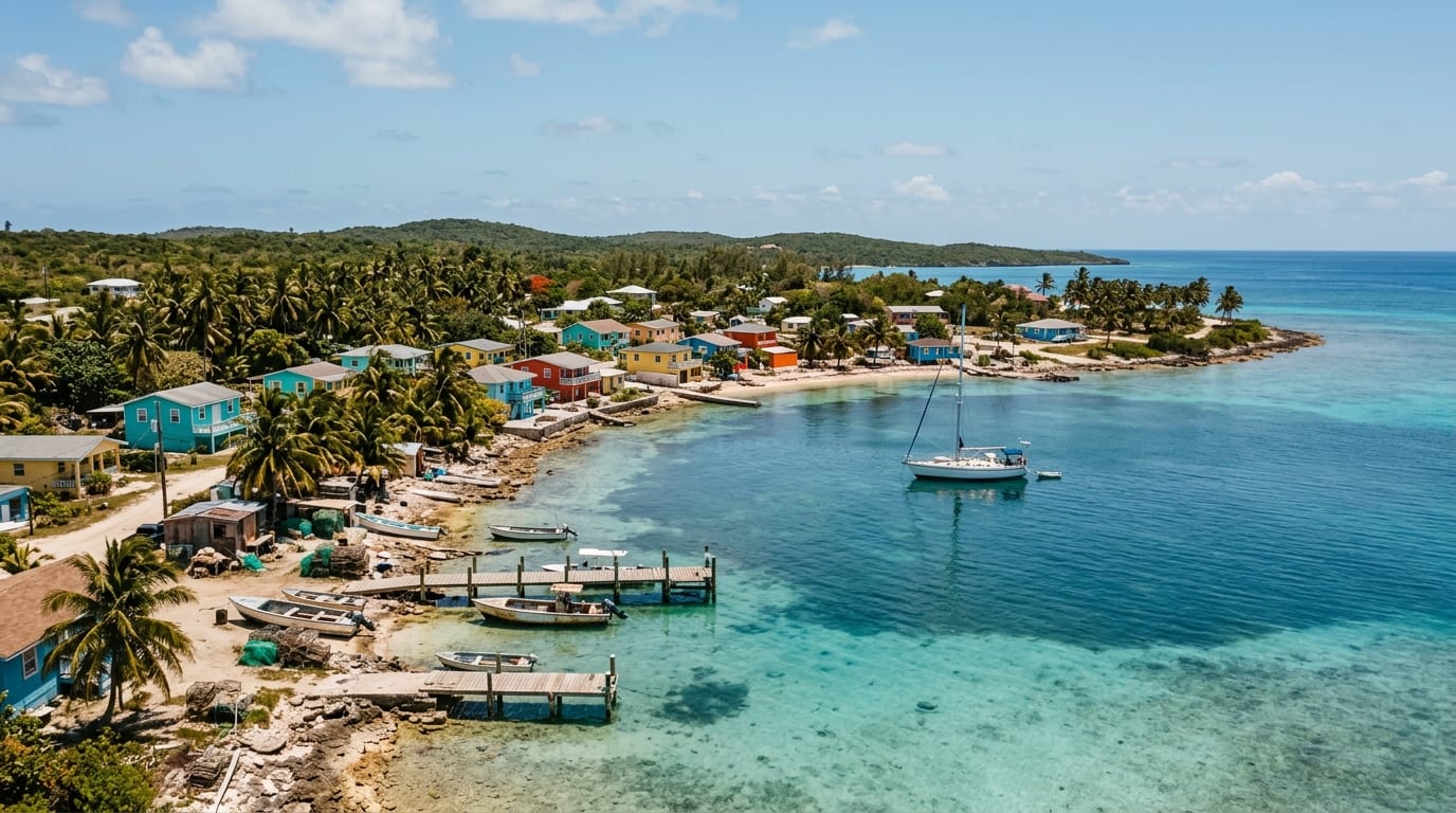 Small settlement at Smith's Bay with a boat at anchor and buildings along the shore