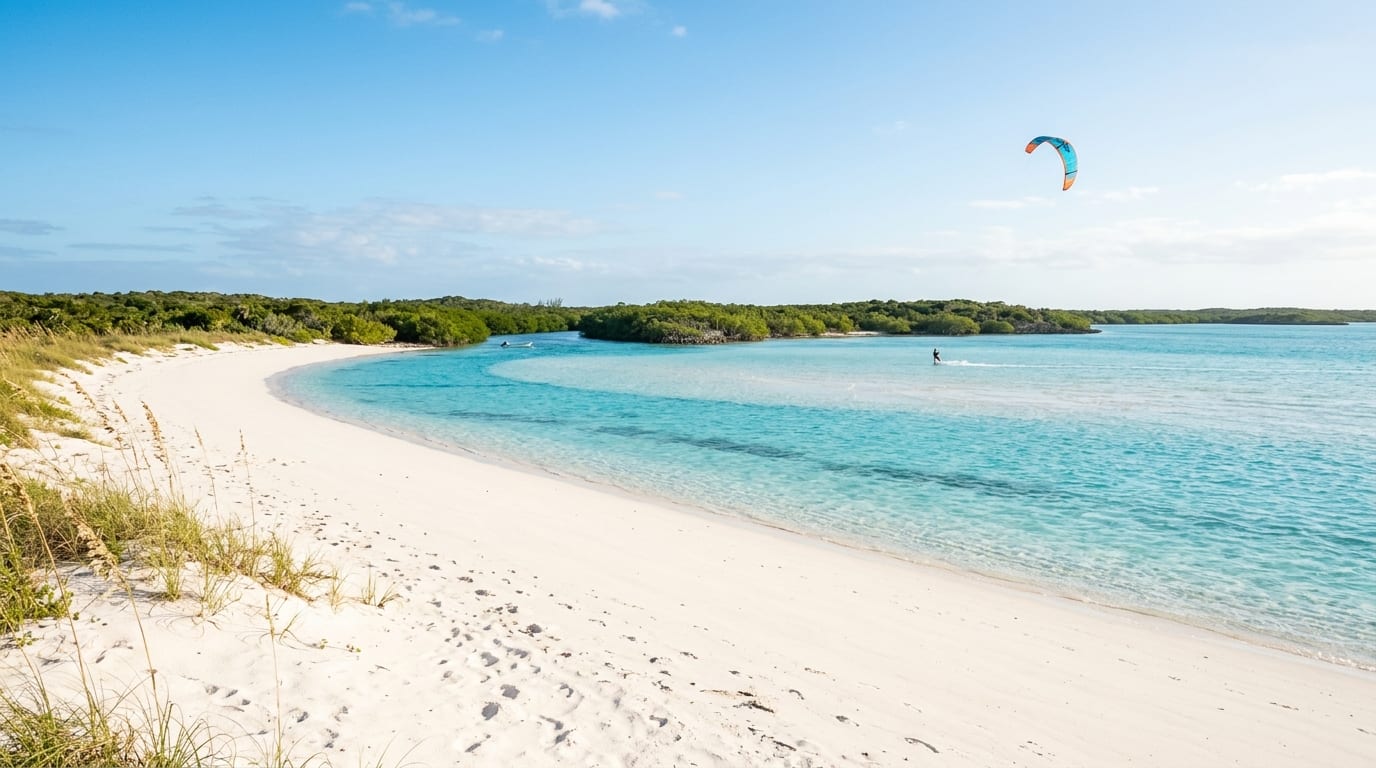 Powder-white beach at Snow Bay with brilliant turquoise water and mangrove-lined creek entrance visible