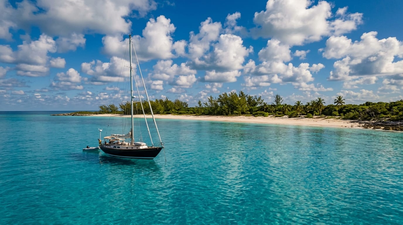 Sailing yacht anchored offshore at Soldier Cay with white sand beach and low vegetation visible on the uninhabited Berry Islands cay