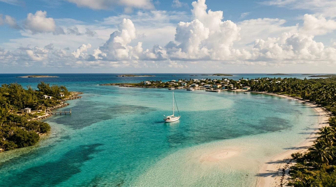 Wide turquoise bay with distant settlement visible on shore and small islands on the horizon at Ragged Island Bahamas