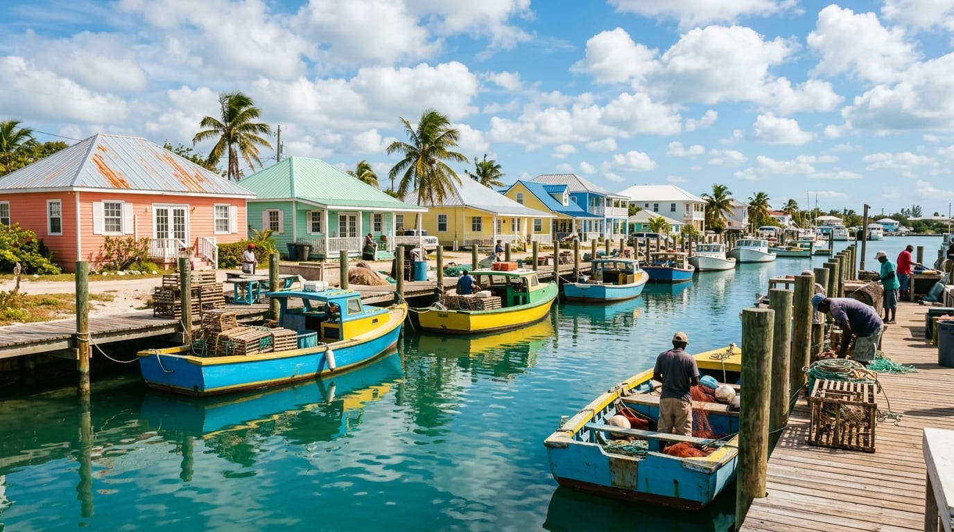 Colourful fishing boats moored in Spanish Wells harbour with pastel-painted buildings and palm trees lining the waterfront