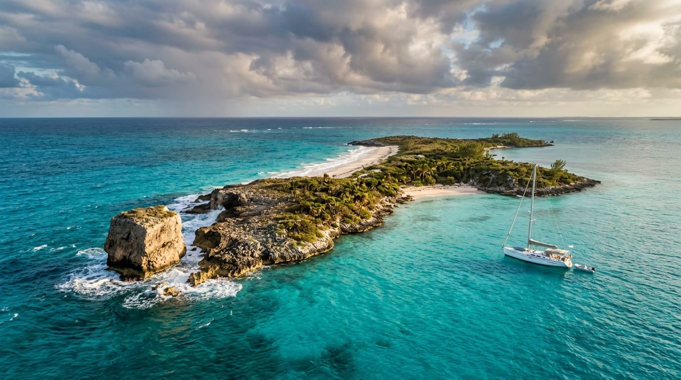 Square Rock Cay anchorage with the distinctive square boulder visible off the northern tip and turquoise water in the southern Exumas