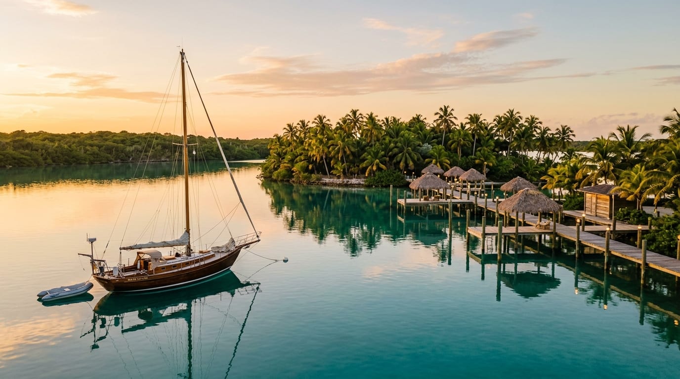 Calm waters of Staniard Creek with Kamalame Cay Resort docks and palm-lined shores