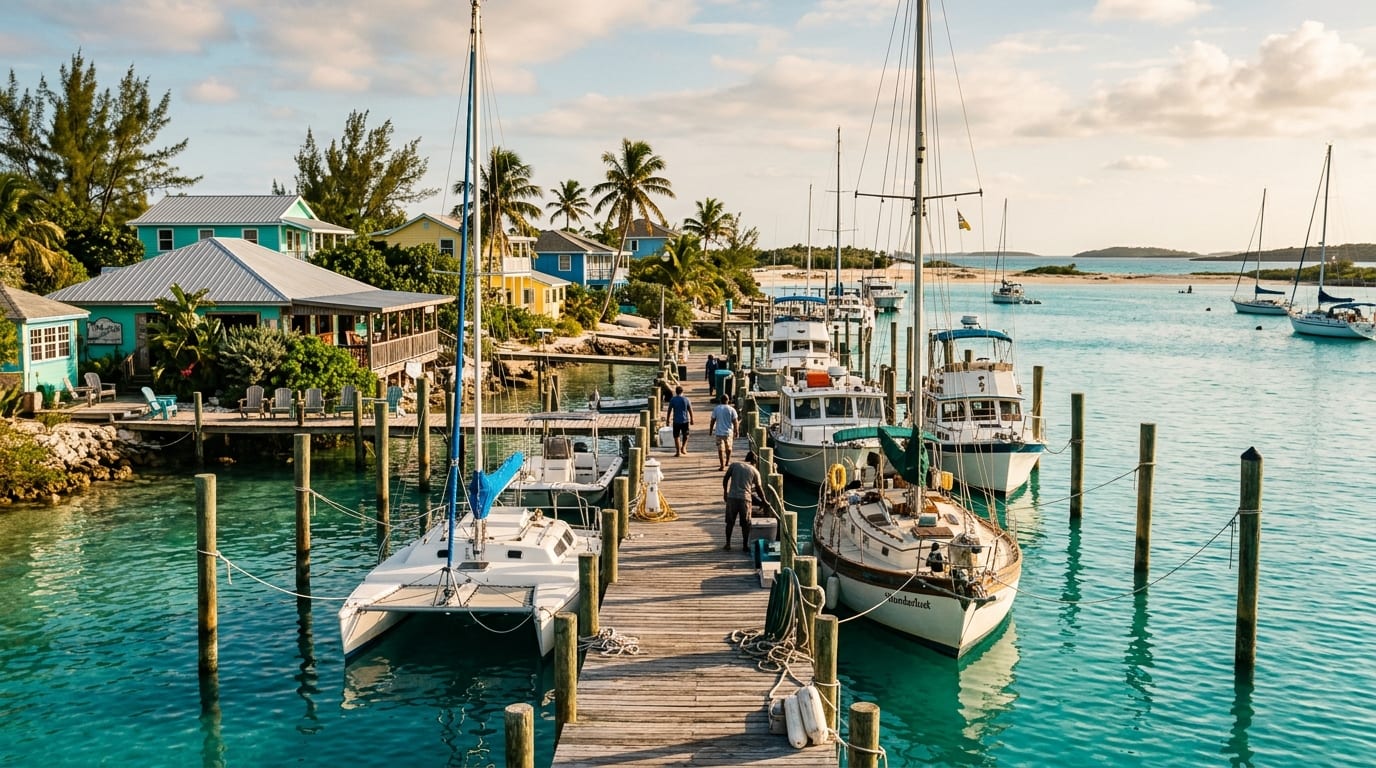 Staniel Cay Yacht Club waterfront with boats at the dock and the Exumas harbour in the background