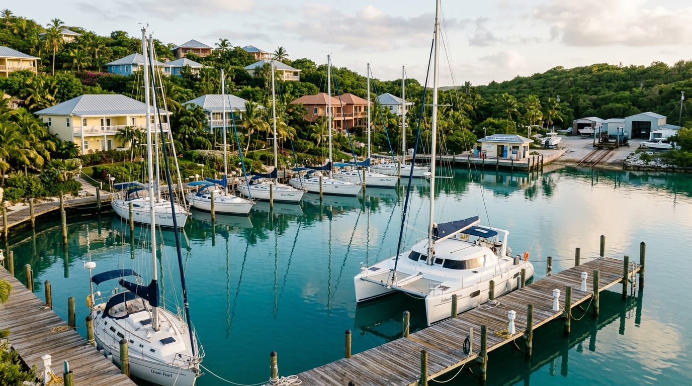 Stella Maris Marina with sailboats docked in the protected basin and the resort buildings visible on the hillside above