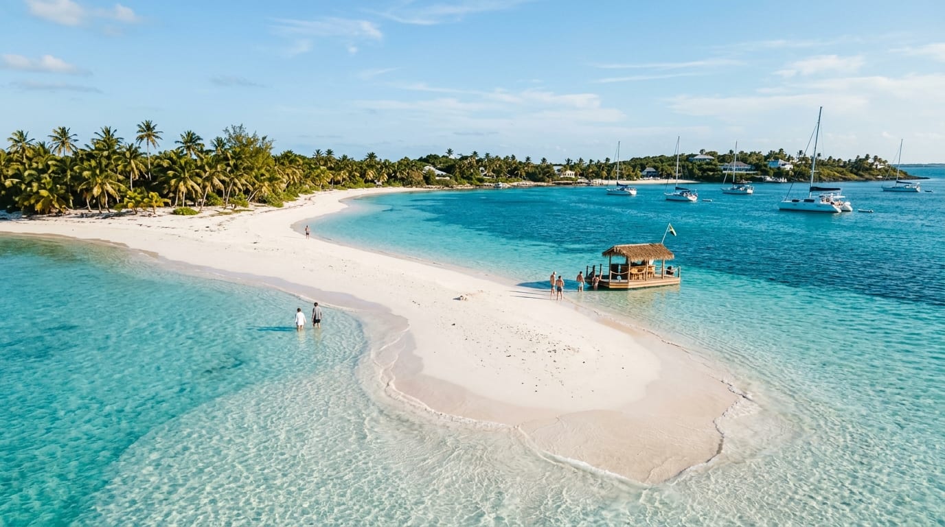 The famous Tahiti Beach sandbar at low tide with turquoise water, anchored sailboats, and Elbow Cay's palm trees in the background