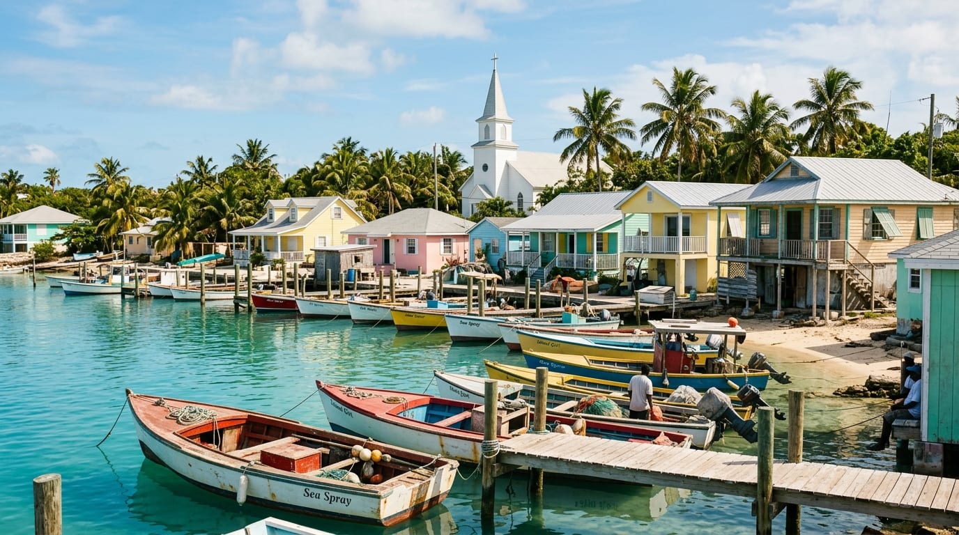 Colourful fishing boats in calm harbour water with traditional Bahamian settlement buildings and church steeple behind